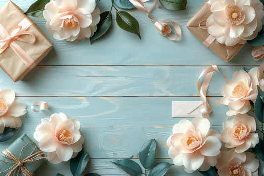 A wooden table with a bunch of brown boxes and flowers on it. The boxes are wrapped in brown paper and tied with string. The flowers are white and arranged in a way that they complement the boxes