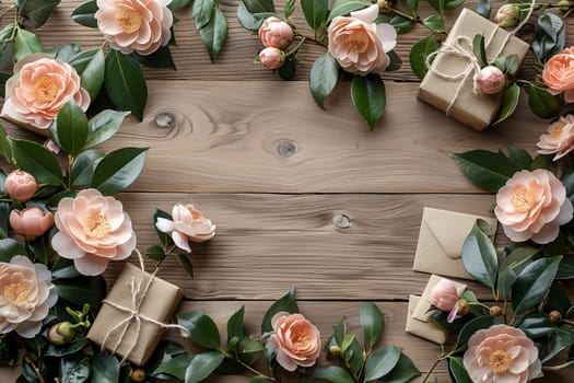 A wooden table with a bunch of brown boxes and flowers on it. The boxes are wrapped in brown paper and tied with string. The flowers are white and arranged in a way that they complement the boxes