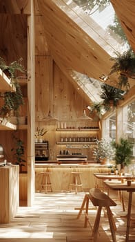 A restaurant with wooden floors and a lot of plants. The atmosphere is warm and inviting. The tables are arranged in a way that encourages conversation and socializing