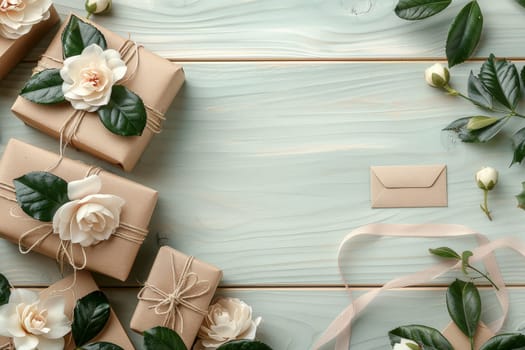 A wooden table with a bunch of brown boxes and flowers on it. The boxes are wrapped in brown paper and tied with string. The flowers are white and arranged in a way that they complement the boxes