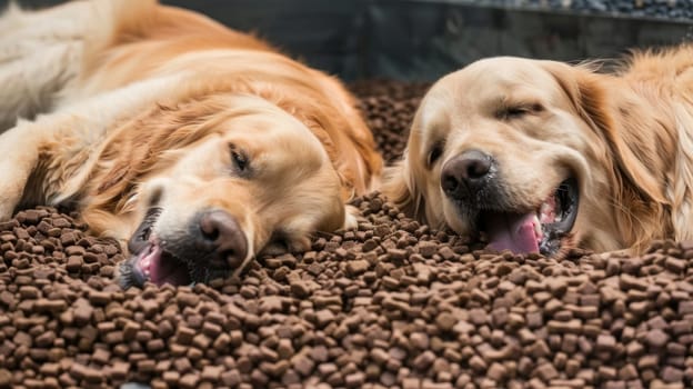 Funny front view of two golden retriever dogs are sleeping and relaxed on a pile of dog food after eating too much.