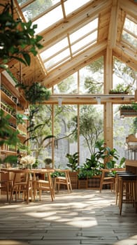 A restaurant with wooden floors and a lot of plants. The atmosphere is warm and inviting. The tables are arranged in a way that encourages conversation and socializing