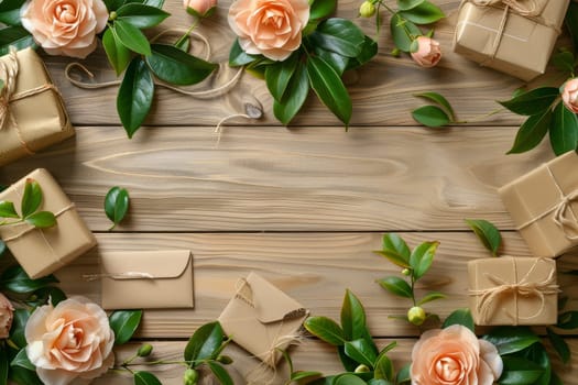 A wooden table with a bunch of brown boxes and flowers on it. The boxes are wrapped in brown paper and tied with string. The flowers are white and arranged in a way that they complement the boxes