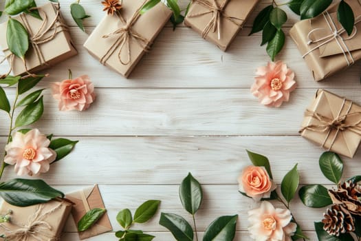 A wooden table with a bunch of brown boxes and flowers on it. The boxes are wrapped in brown paper and tied with string. The flowers are white and arranged in a way that they complement the boxes