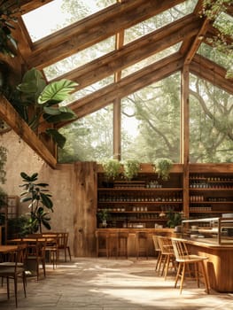 A restaurant with wooden floors and a lot of plants. The atmosphere is warm and inviting. The tables are arranged in a way that encourages conversation and socializing