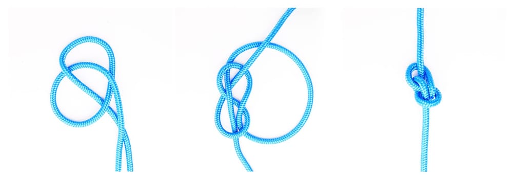 Guide, steps or how to tie ropes on white background in studio for security or safety instruction. Material, knot and color design for cords technique, tools or learning for survival cable lesson.