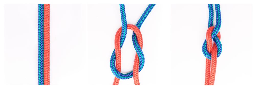 Sailor, tie and how to knot with rope in tutorial, guide or instruction steps to connect string for security. Creative, pattern and template info to loop textile thread in chain with strong link.