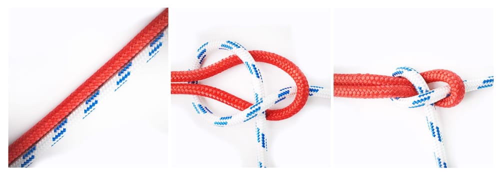 Knot, learn or how to tie ropes and material on white background in studio for security. Instruction frames, cords or color design for technique steps, gear tools or safety for survival guide lesson.