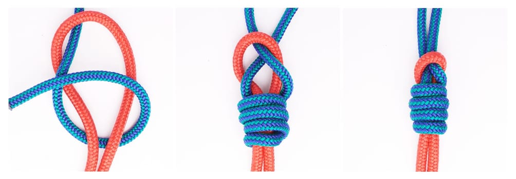 Guide, steps or how to tie knot on white background in studio for security or safety instruction. Material, ropes and color design for cords technique, tools or learning for survival cable lesson.