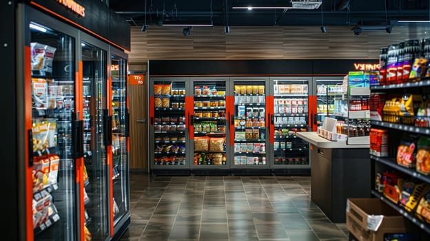 A store with a lot of food and drinks in the freezer section. The store is well lit and has a clean and organized appearance