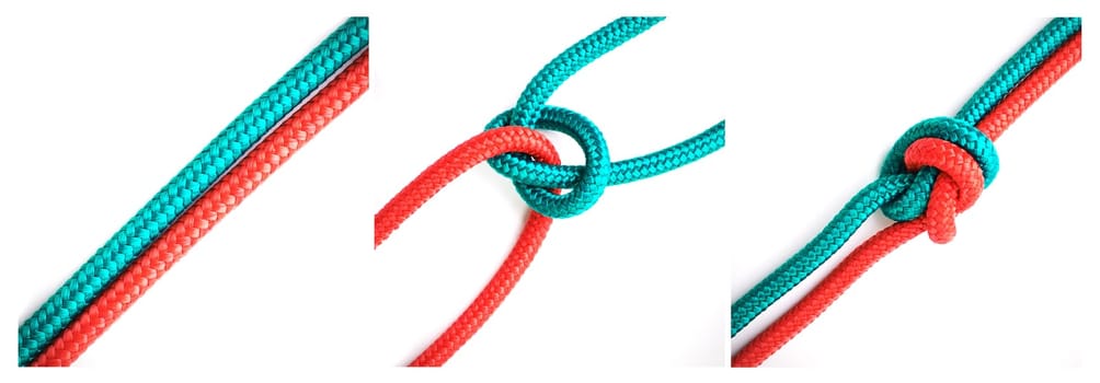 Knot, safety or how to tie ropes on white background in studio for security or instruction steps frame. Material, cords or color design for technique, banner or learning for survival guide lesson.