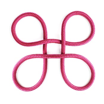 Square shape, ties or loop of ropes and material on white background in studio for security. Pink, cords and abstract sign of embroidery design with cable together for bowen knot, gear tool or safety.