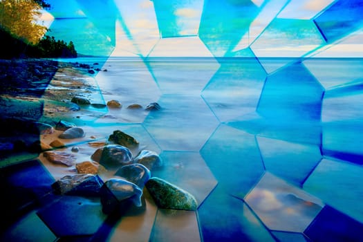 Kaleidoscopic Michigan beach at blue hour, merging tranquility of nature with digital art abstraction