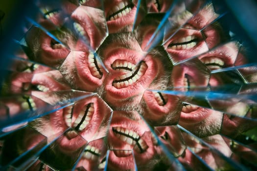 Kaleidoscopic Smiles: A mesmerizing blend of human expressions, teeth and facial details morph into a floral pattern of happiness in Fort Wayne, Indiana.