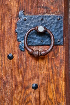 Vintage door knocker on rustic wooden door at Bishop Simon Brute College, showcasing historical architecture.