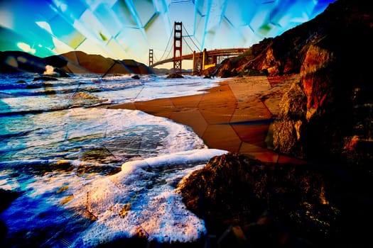 Abstract Golden Hour at Golden Gate Bridge - An artistic shattered glass effect over a serene beachfront view of San Francisco iconic landmark.