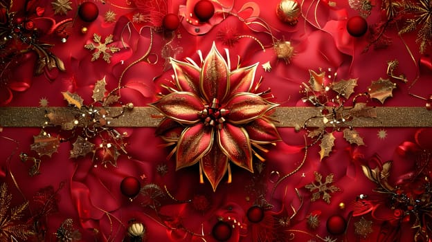 An elegant red and gold Christmas background adorned with a stunning poinsettia flower, a symbol of the holiday season. The perfect blend of art and nature for any festive event