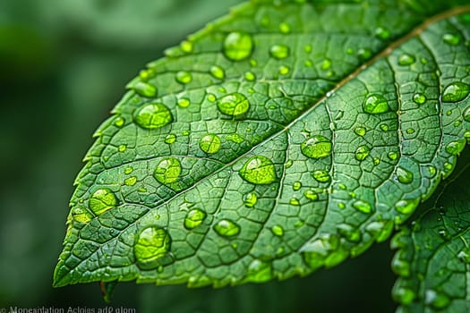 Close-up of raindrops on a vibrant green leaf, illustrating life and refreshment.