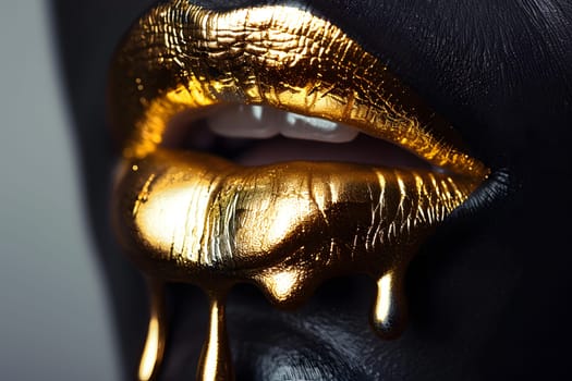 Macro photography capturing the jawdropping gesture of a woman with her mouth painted in gold, eyelashes fluttering. A fashion accessory that shines like bronze, electrifying the event