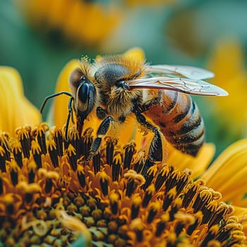 Close-up of a bee on a sunflower, representing nature, pollination, and summer themes.