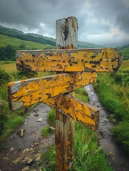 A weathered wooden signpost in a rural setting, pointing in multiple directions, evoking choice and adventure.