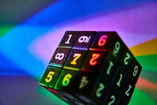 Abstract puzzle cube with numerical challenge, bathed in rainbow light for a vibrant modern twist on classic brain teasers, in Fort Wayne, Indiana.