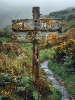 A weathered wooden signpost in a rural setting, pointing in multiple directions, evoking choice and adventure.