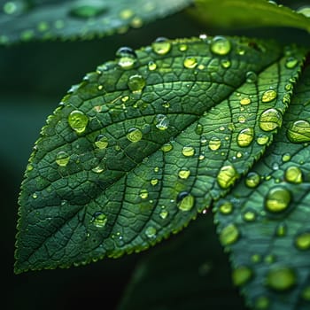 Close-up of raindrops on a vibrant green leaf, illustrating life and refreshment.