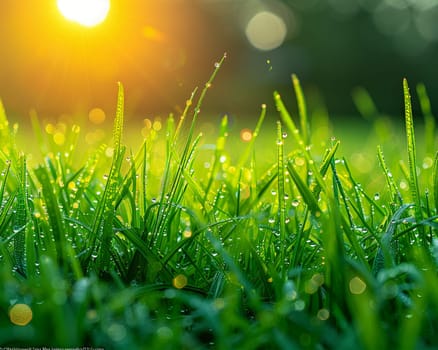 Close-up of dewy grass sparkling in the morning sun, highlighting the beauty of the ordinary.