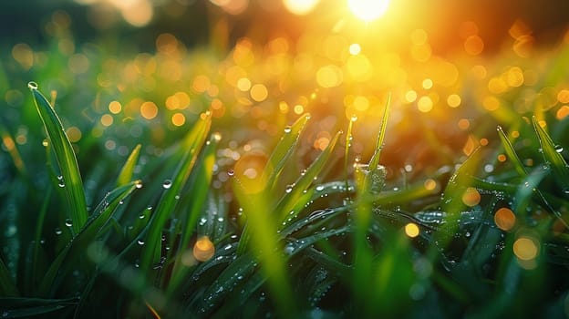 Close-up of dewy grass sparkling in the morning sun, highlighting the beauty of the ordinary.