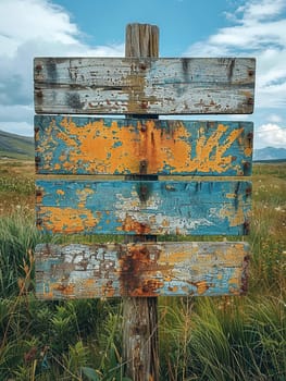 A weathered wooden signpost in a rural setting, pointing in multiple directions, evoking choice and adventure.