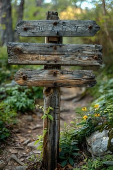 A weathered wooden signpost in a rural setting, pointing in multiple directions, evoking choice and adventure.