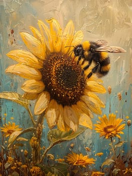 Close-up of a bee on a sunflower, representing nature, pollination, and summer themes.