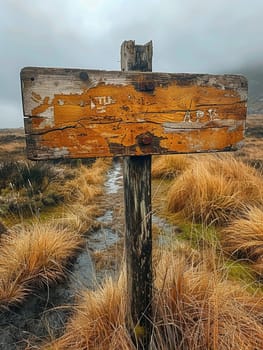 A weathered wooden signpost in a rural setting, pointing in multiple directions, evoking choice and adventure.