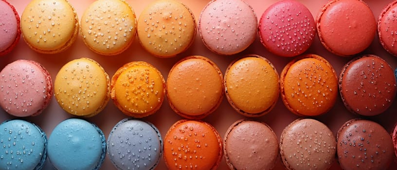Close-up of colorful macarons arranged in a pattern, representing sweetness and indulgence.