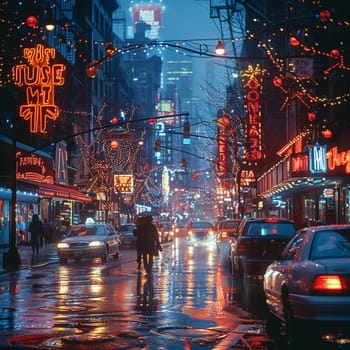 Brightly lit neon signs in a bustling city street at night, illustrating urban energy.