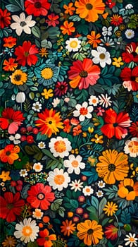 A vibrant painting showcasing colorful flowers against a dark background. The intricate design features various flowers in bloom, creating a visually striking pattern in the creative arts piece
