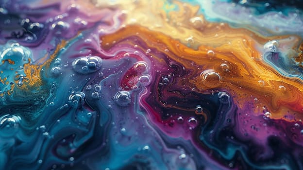 Abstract patterns of oil on water, showcasing the interaction of colors and fluids.