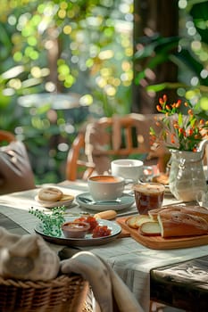 breakfast on the table in the garden. selective focus. food.