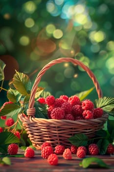 raspberries in a basket in the garden. selective focus. food.
