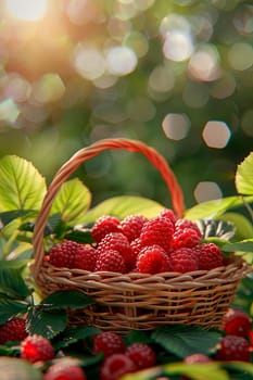 raspberries in a basket in the garden. selective focus. food.