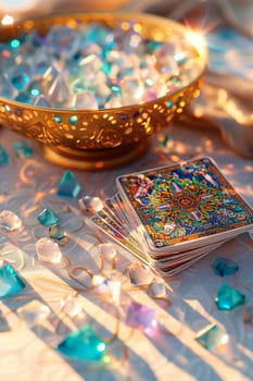 tarot cards on the table. selective focus. sun.