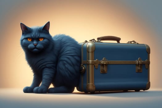 cat with a suitcase, isolated on a blue background, art .