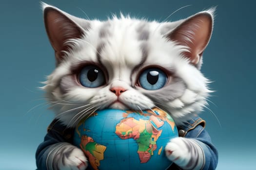 cat with a globe dreams of traveling, isolated on a blue background, art .