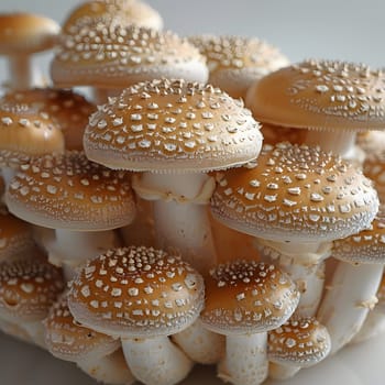 A cluster of mushrooms from the Agaricaceae family is sprouting on the groundcover, resembling fawn spots on a white surface