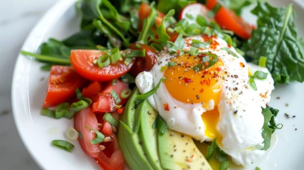 Close up view of a plate with a poached egg, avocado and vegetables for a healthy and energetic breakfast.