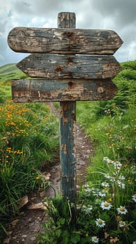 A weathered wooden signpost in a rural setting, pointing in multiple directions, evoking choice and adventure.