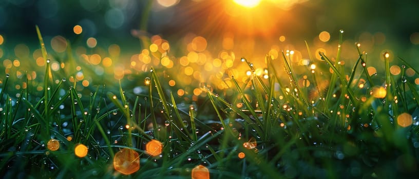 Close-up of dewy grass sparkling in the morning sun, highlighting the beauty of the ordinary.