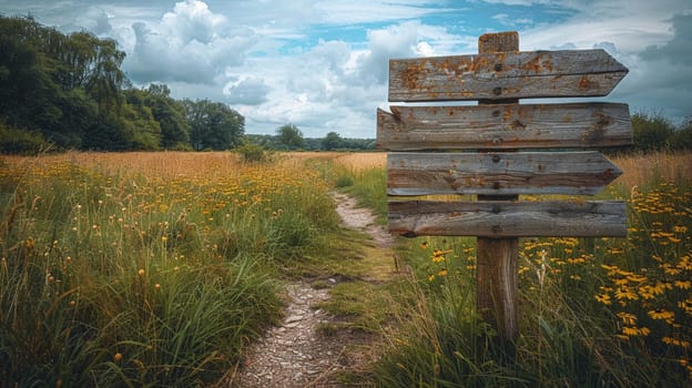 A weathered wooden signpost in a rural setting, pointing in multiple directions, evoking choice and adventure.