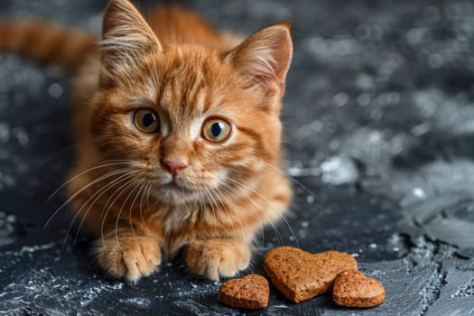 Front view of a cat is laying on the ground next to heart shaped treats.